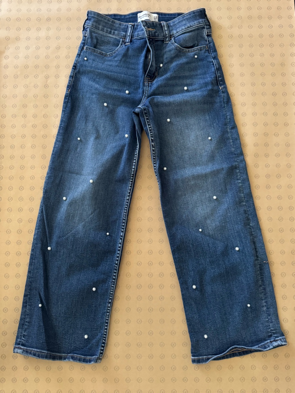 Pearl-Embellished Dark Wash Wide Leg Jeans